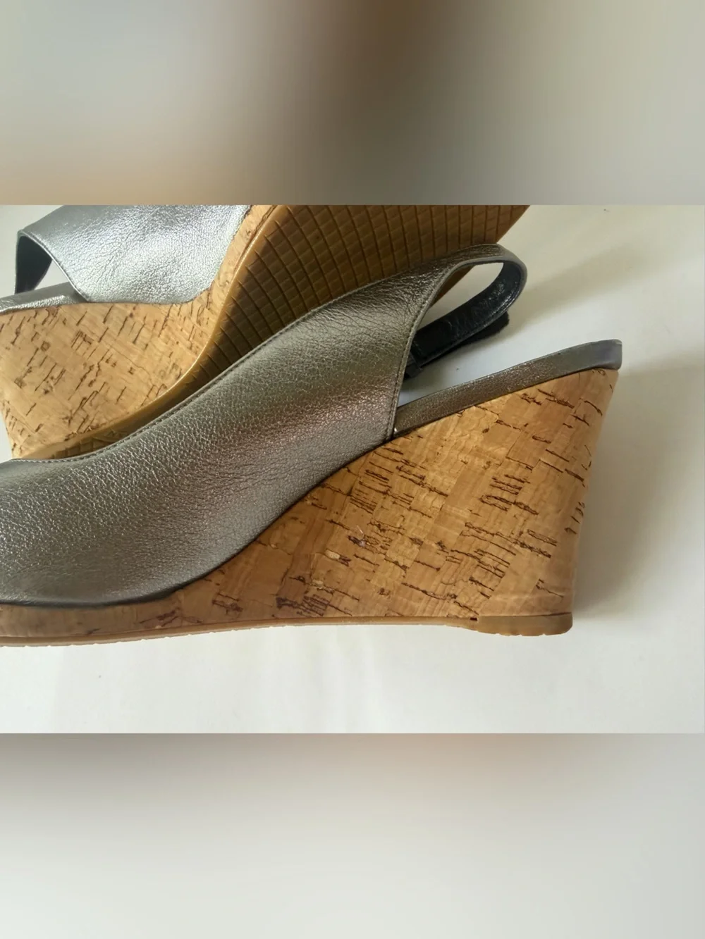 Stuart Weitzman Metallic Silver Cork Wedge Slingback Peep-Toe Sandals